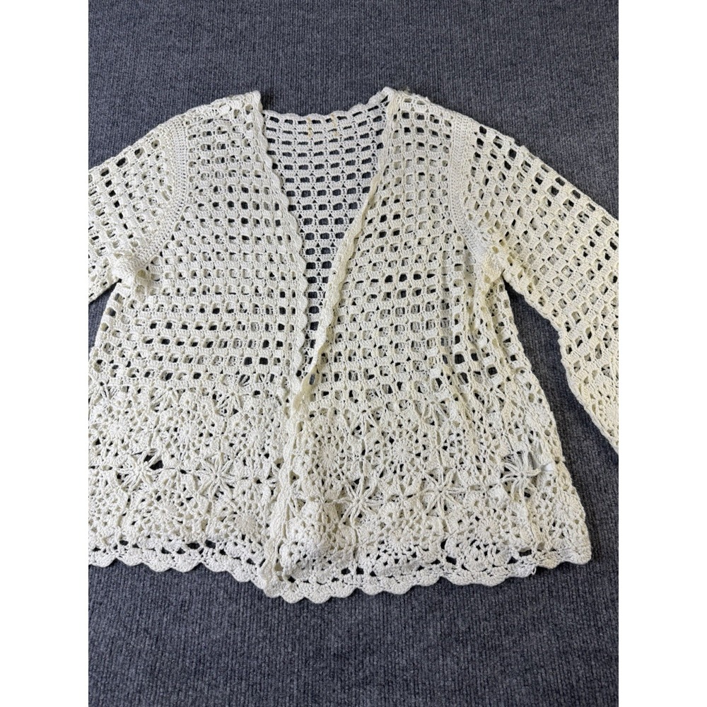 Womens Crochet Cardigan Top Ivory Open Knit Boho Bell Sleeve Small